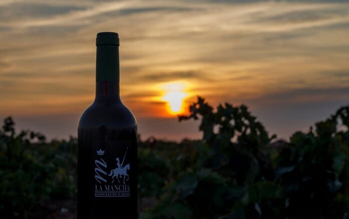 Botella DO La Mancha y vid en el atardecer