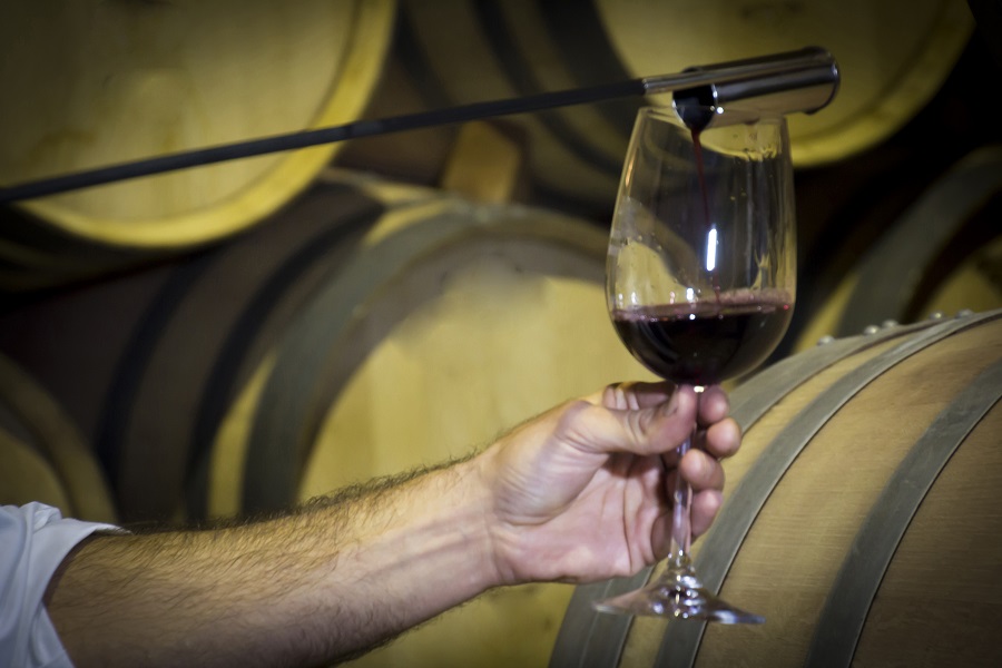 Elaboración del vino en una sala de barricas en bodegas DO La Mancha