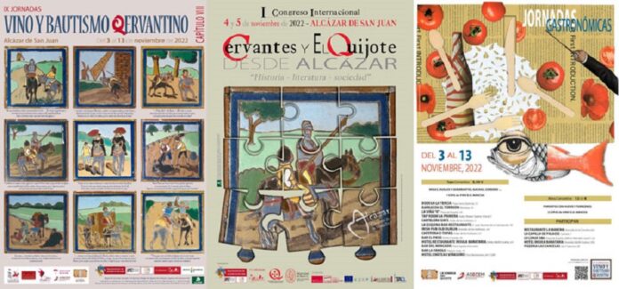 Cartel horizontal IX Jornadas Vino y Bautismo Qervantino 2022, en Alcázar de San Juan con la colaboración de la DO La Mancha